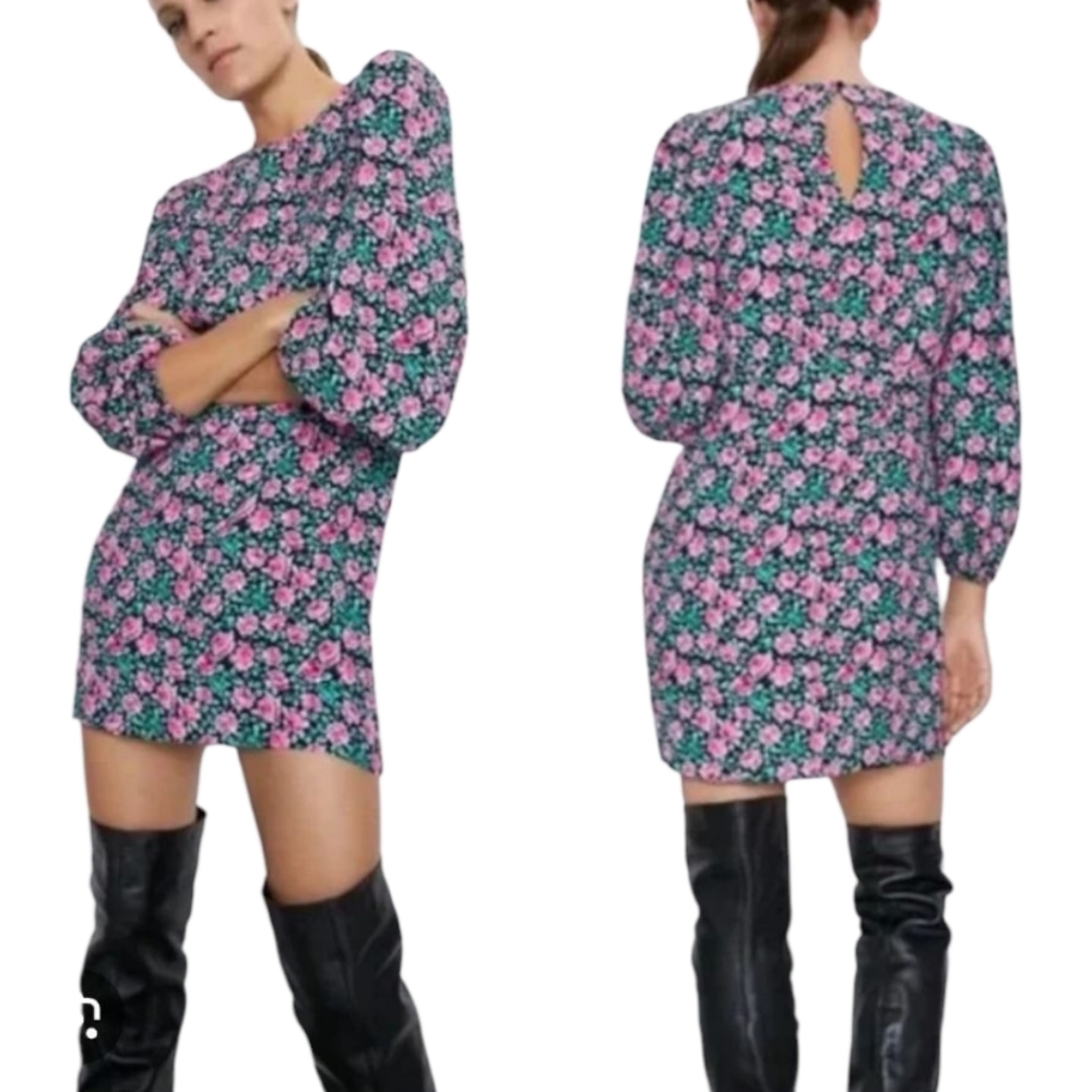 🌟New ZARA Floral Mini Dress with Balloon Sleeves | Sz S